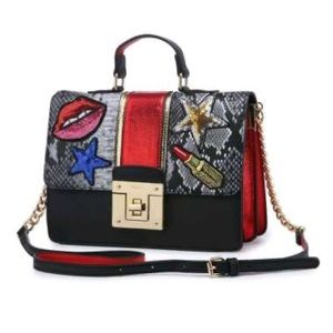 NEW Aldo Faux Snakeskin Top Handle Crossbody Sequin Lip Lipstick Star Patch Bag